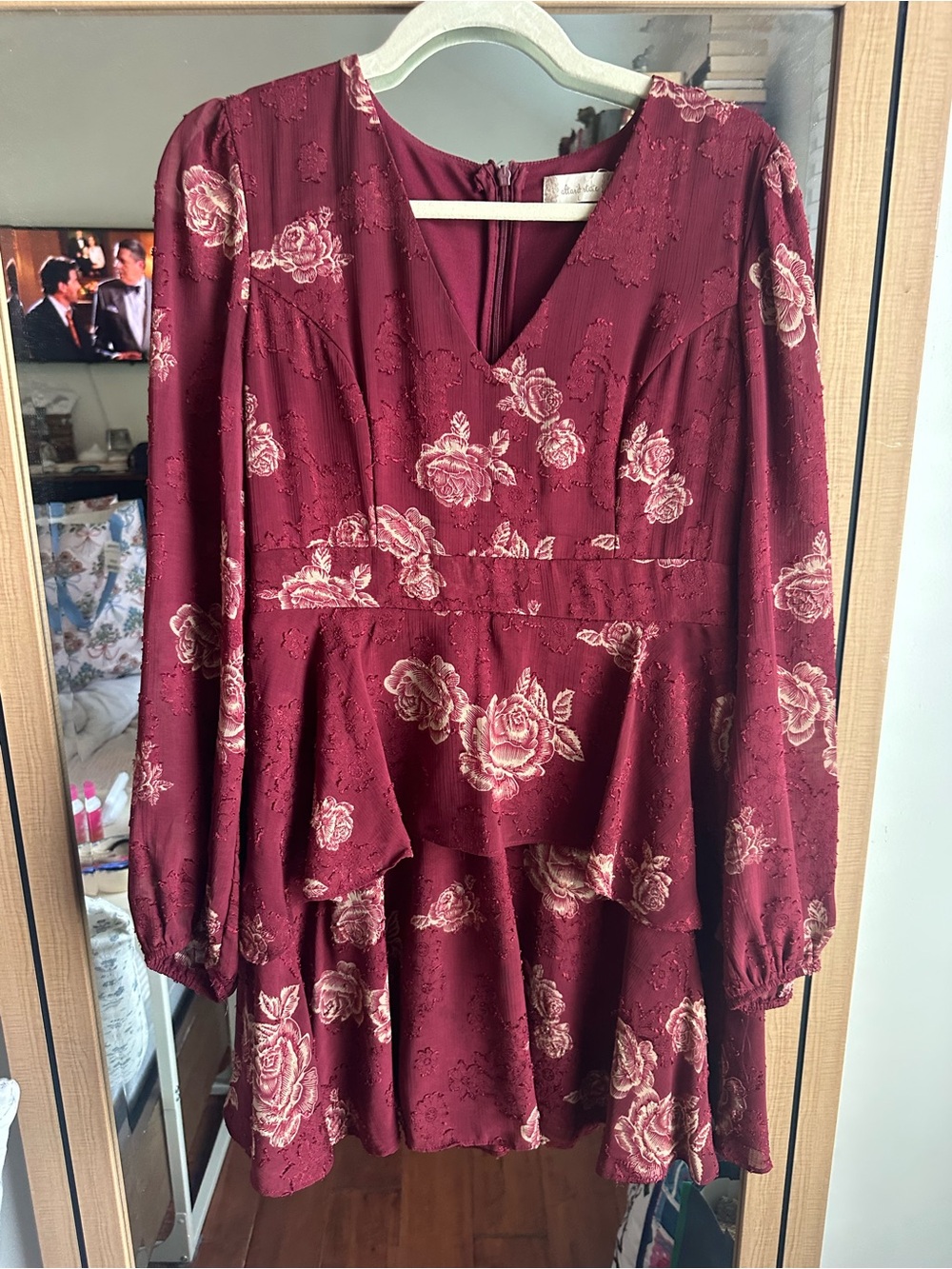 Altar'd State Burgundy Floral Long-Sleeve Peplum Dress